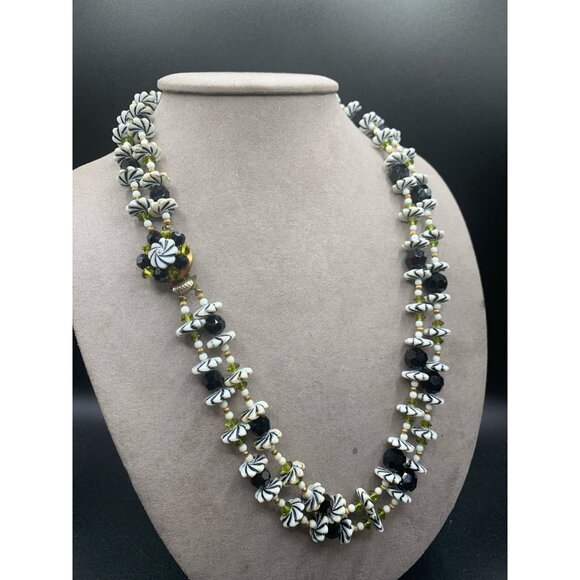 Double Strand Retro Necklace Flower Beads Plastic Glass Green White Black Gold - Picture 3 of 10